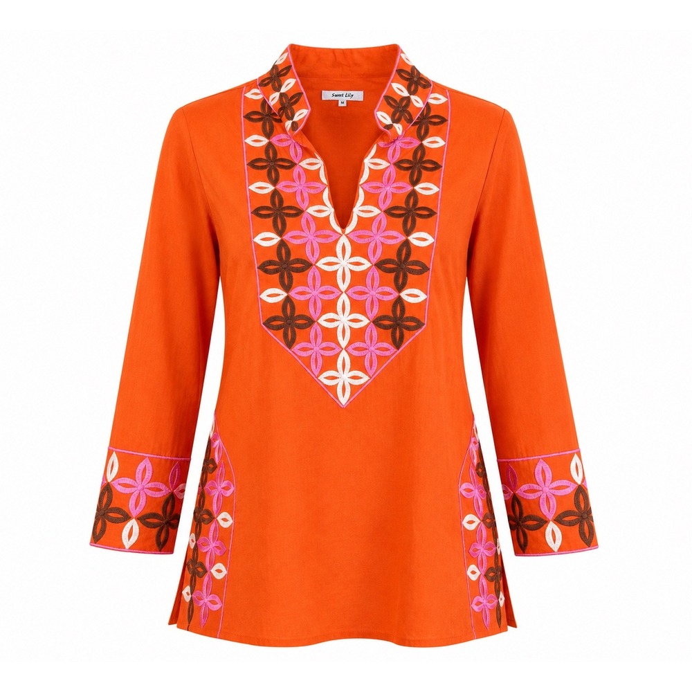 Sweet Lily Tunic Top Womens M Orange Embroidered Boho Cotton V-Neck Artisan Folk